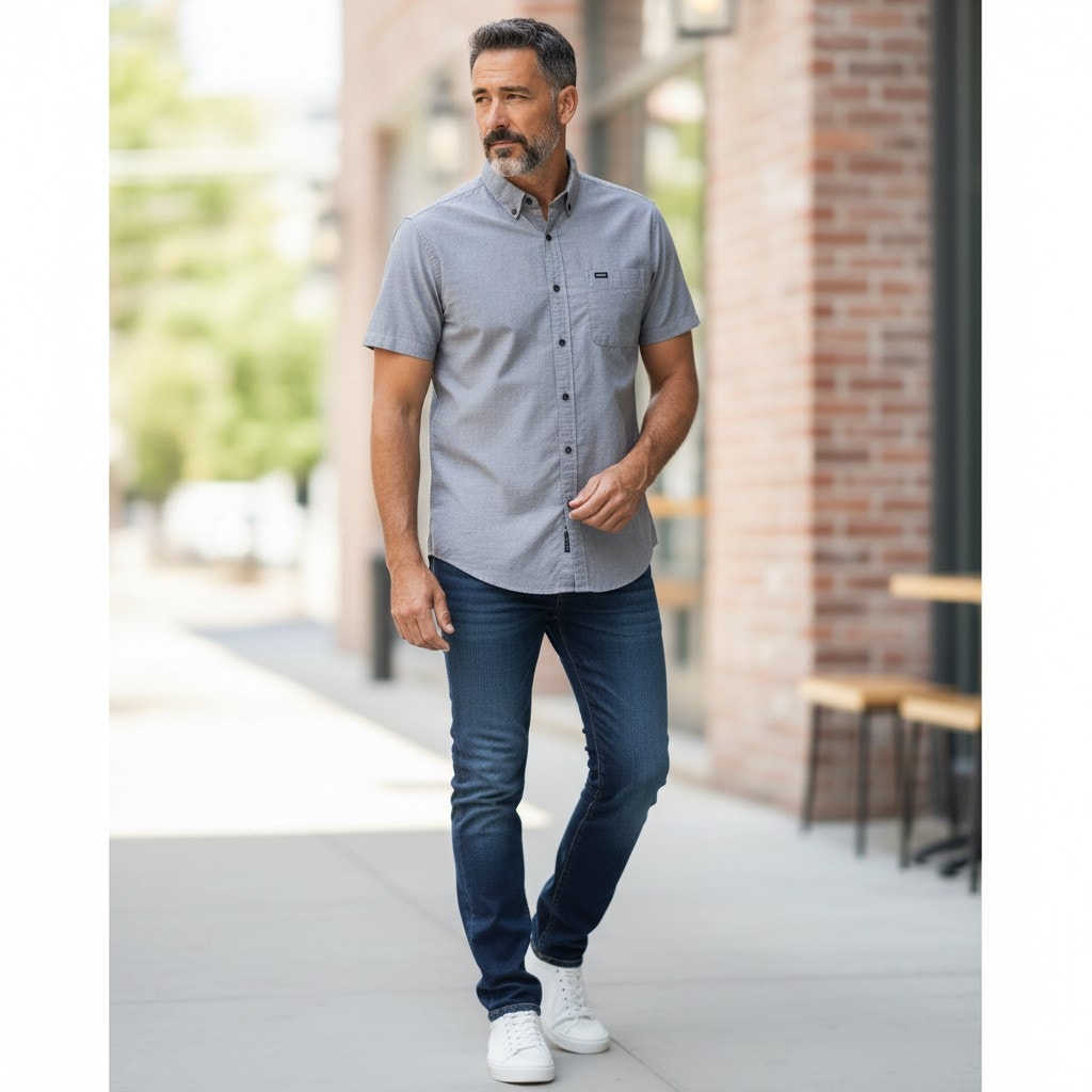 RVCA Slim Fit Short Sleeve Button Down Shirt Grey – M