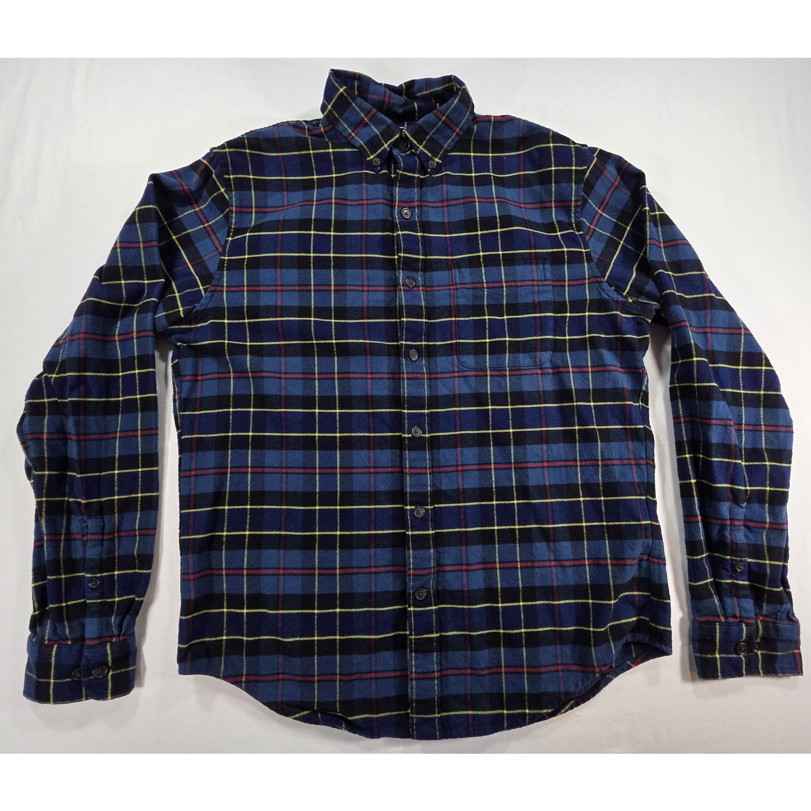 Lands End Plaid Flannel Button Down Shirt Blue Red Yellow – M