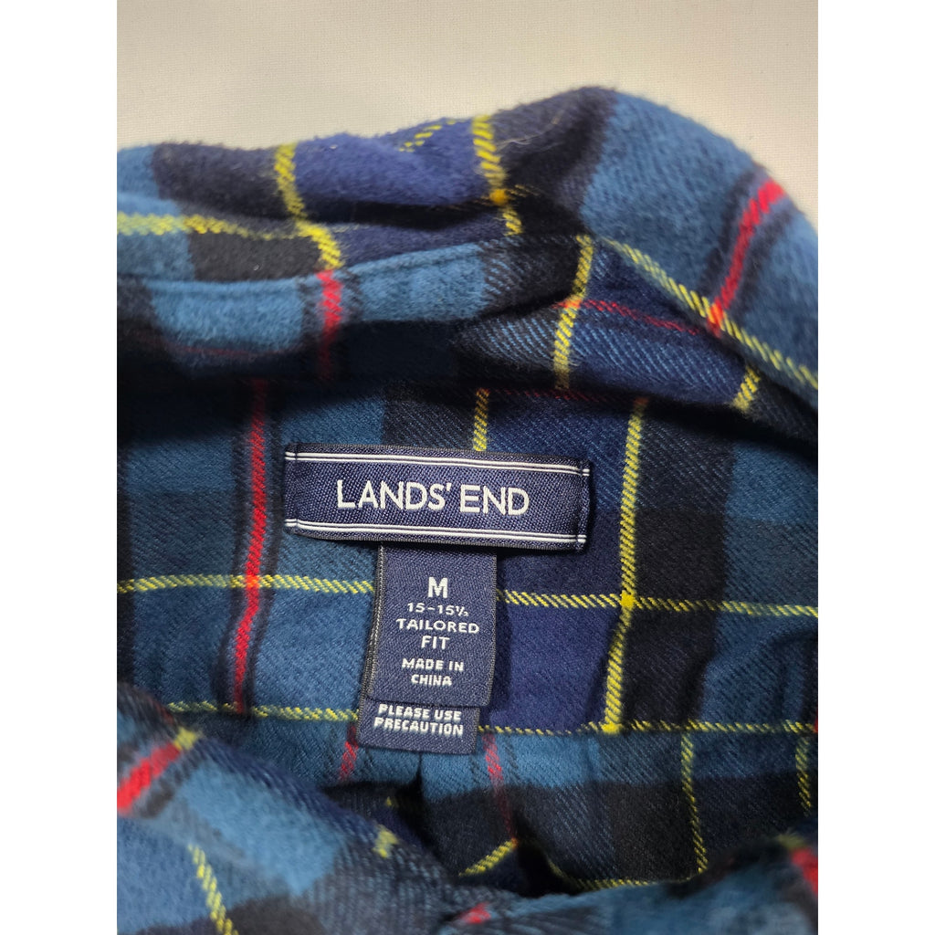 Lands End Plaid Flannel Button Down Shirt Blue Red Yellow – M