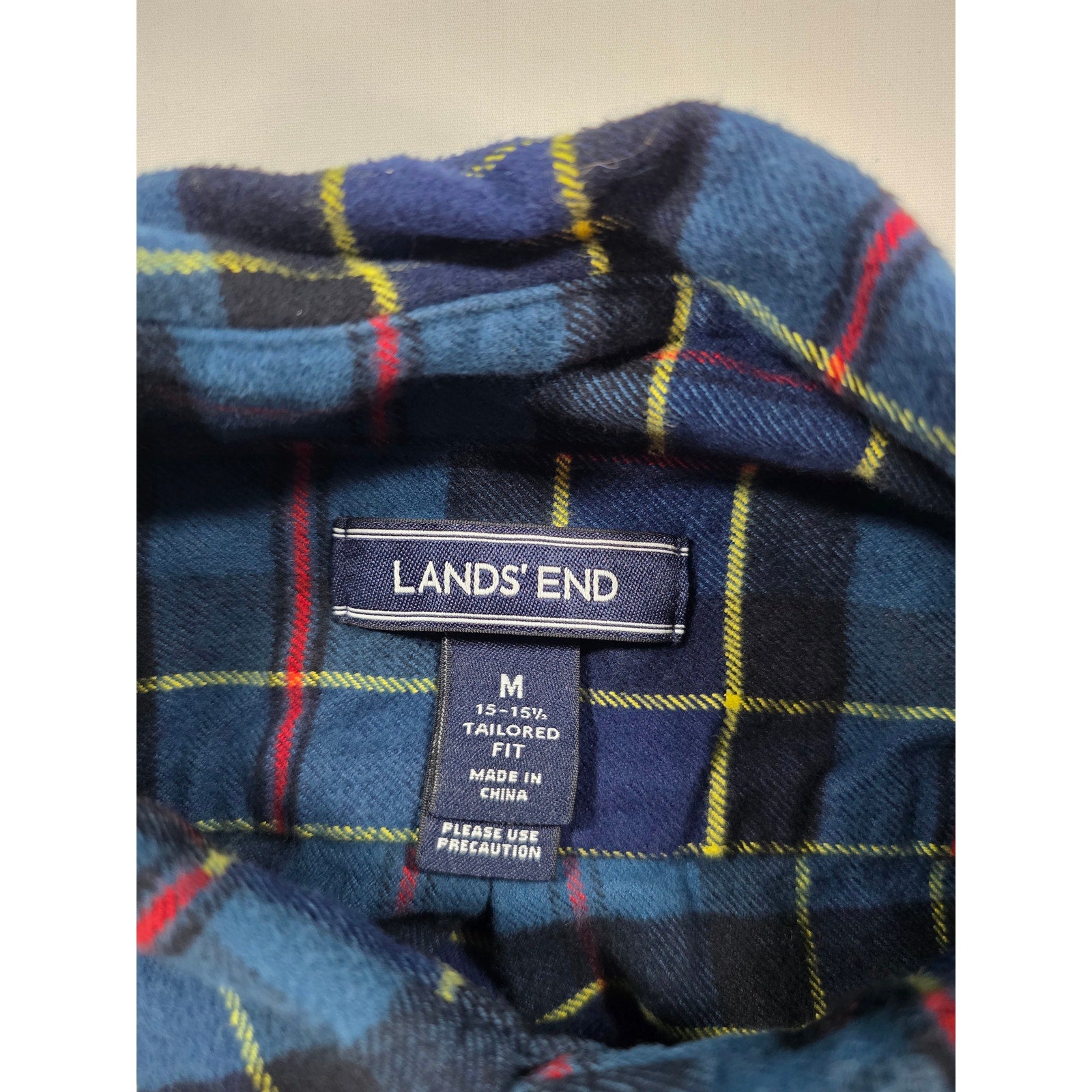 Lands End Plaid Flannel Button Down Shirt Blue Red Yellow – M