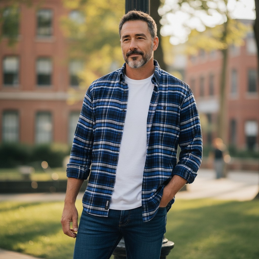 Lands End Plaid Flannel Button Down Shirt Blue Grey – M