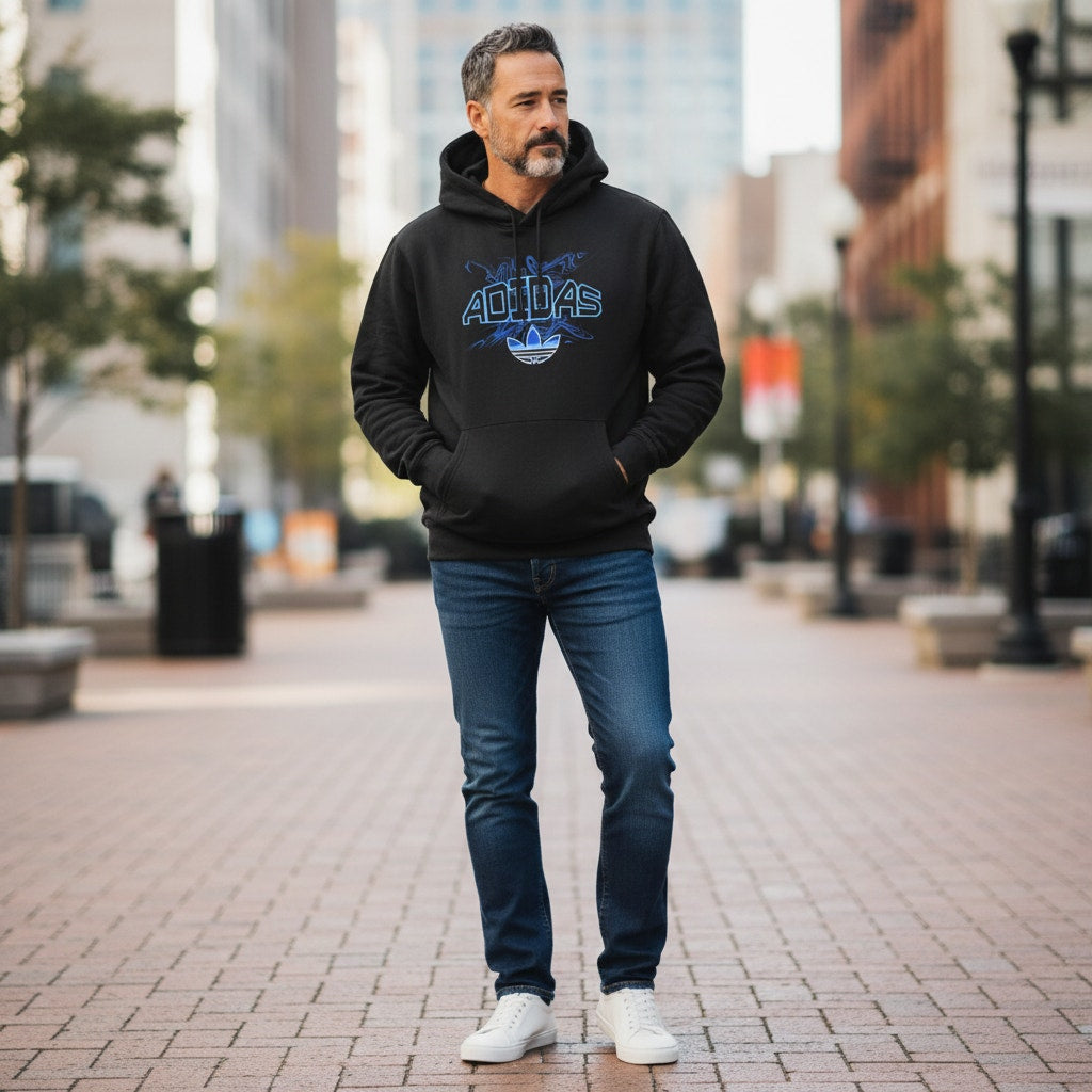 Adidas Originals Trefoil Graphic Pullover Hoodie – Black/Blue – Size XXL