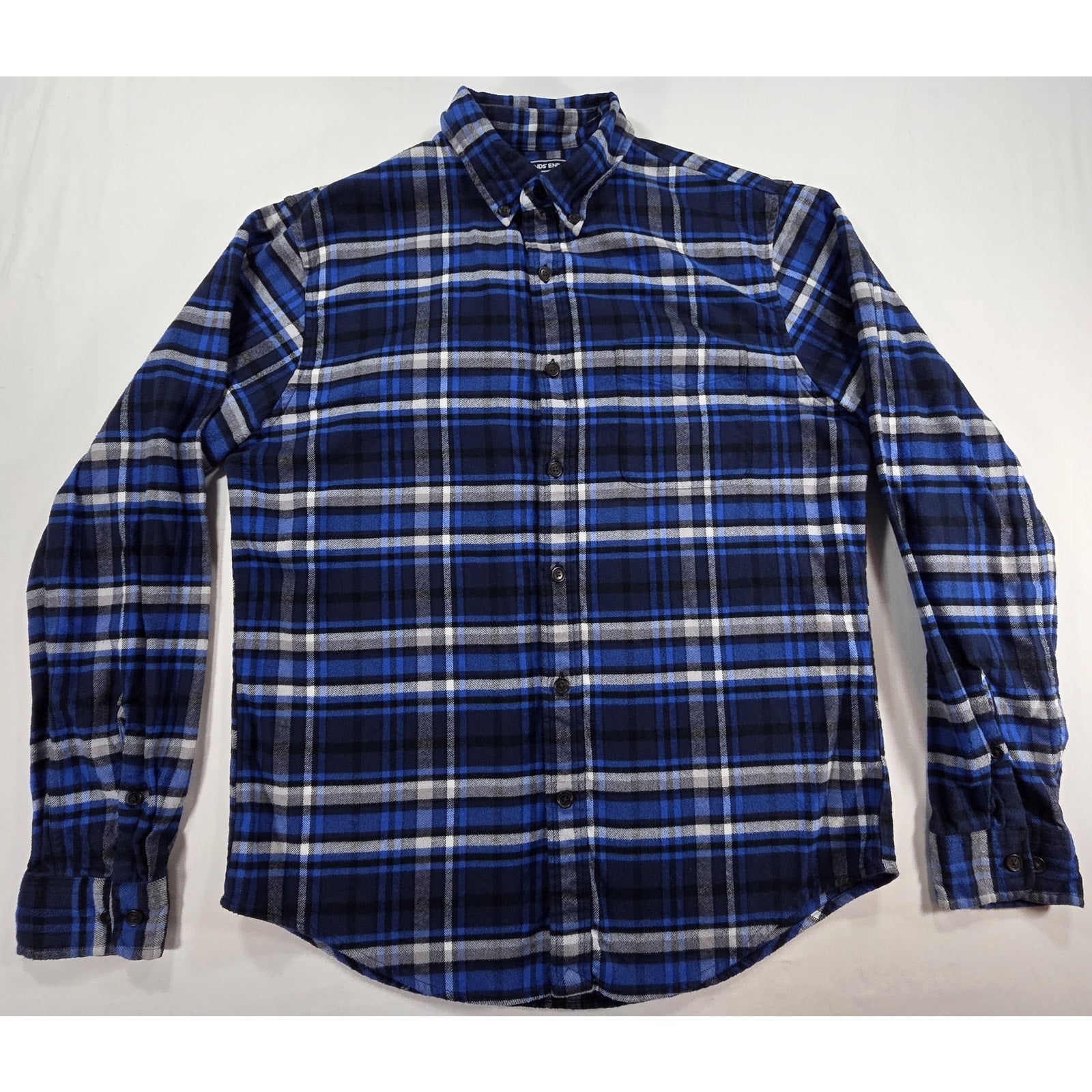 Lands End Plaid Flannel Button Down Shirt Blue Grey – M