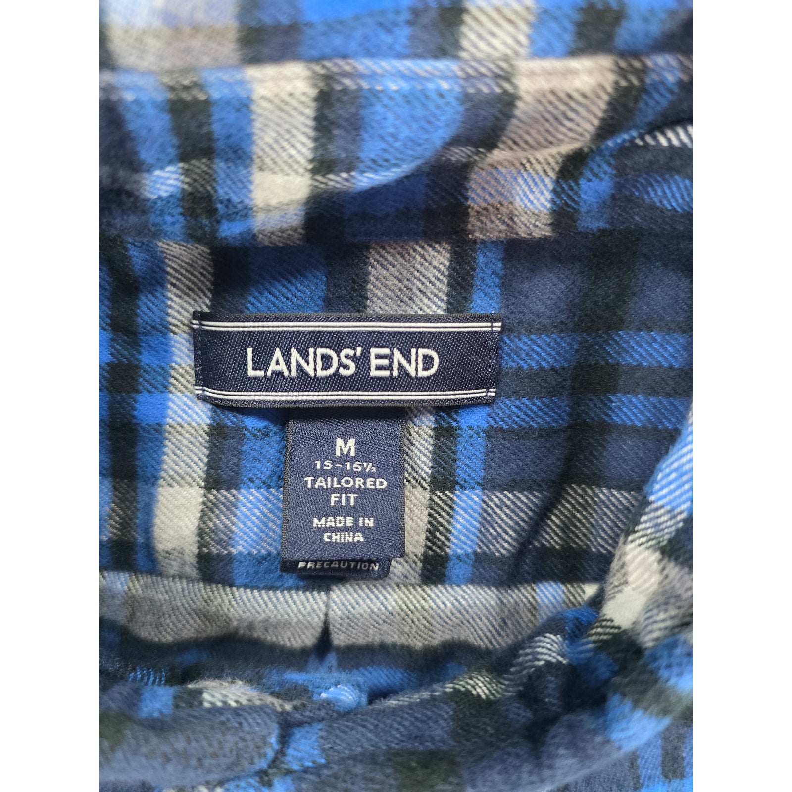 Lands End Plaid Flannel Button Down Shirt Blue Grey – M